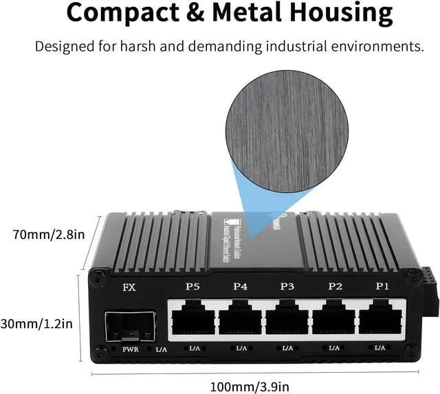 Alt view image 4 of 7 - Mini Industrial 5 Port RJ45 10/100/1000BASE-T Ethernet Switch + 1 1000Base-X SFP Slot, Din Rail Mount or Wall Mounts, Support 9~56V DC Unmanaged Network Switch, 14Gbps Switching Capacity