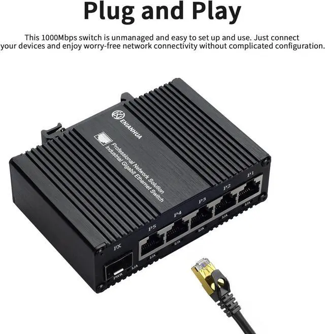 Alt view image 5 of 7 - Mini Industrial 5 Port RJ45 10/100/1000BASE-T Ethernet Switch + 1 1000Base-X SFP Slot, Din Rail Mount or Wall Mounts, Support 9~56V DC Unmanaged Network Switch, 14Gbps Switching Capacity