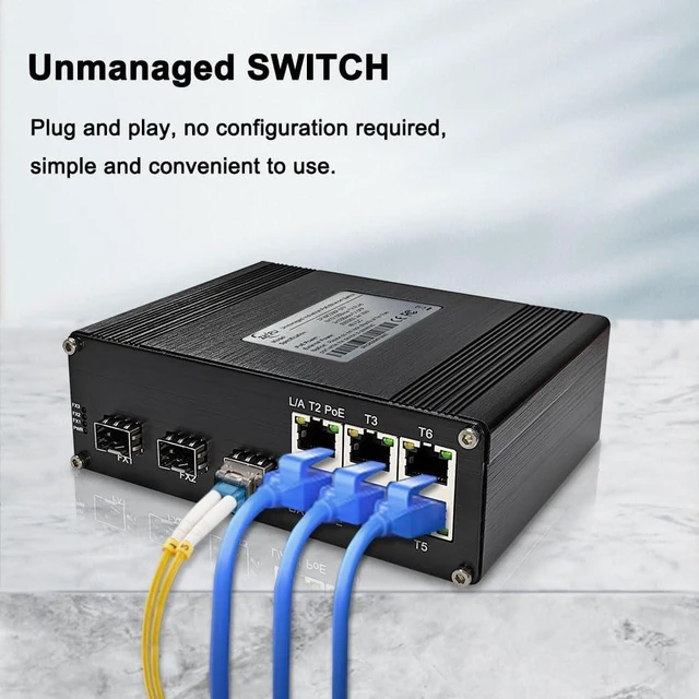 Alt view image 7 of 7 - Industrial 9-Port Fast Ethernet PoE+ Switch, 6×10/100 RJ45 Ports (IEEE 802.3af/at, 30W/Port, 180W Total) + 3×100Base-FX SFP, 48-57V DC Dual Input & 48V PoE Output, for Industrial & Transportation