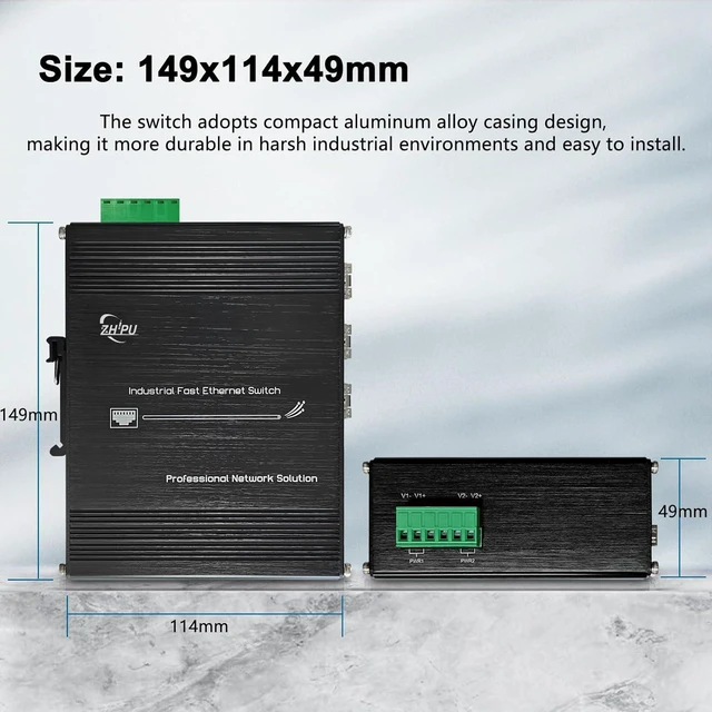 Alt view image 5 of 7 - Industrial 9-Port Fast Ethernet PoE+ Switch, 6×10/100 RJ45 Ports (IEEE 802.3af/at, 30W/Port, 180W Total) + 3×100Base-FX SFP, 48-57V DC Dual Input & 48V PoE Output, for Industrial & Transportation