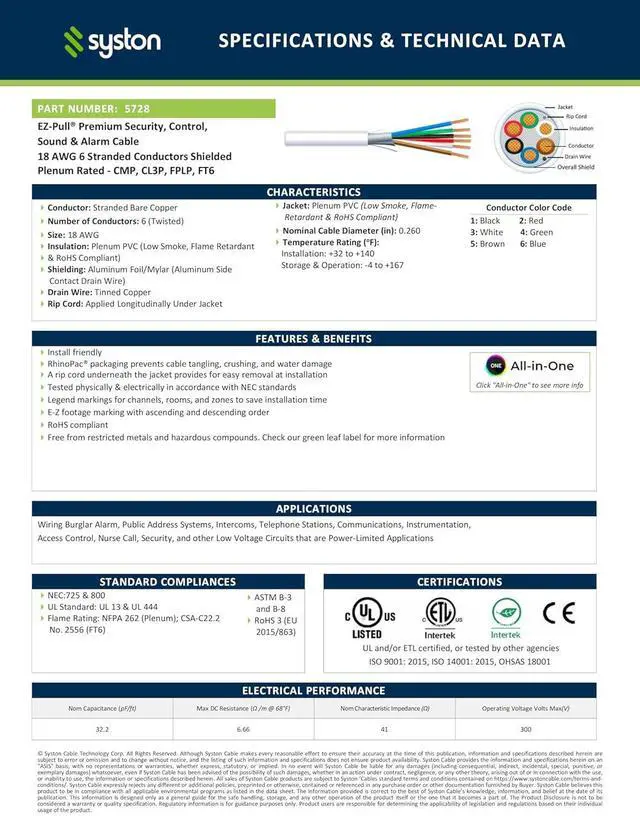 Alt view image 2 of 7 - SYSTON 18/6 Alarm Security Burglar Station Control Cable Wire, 18 AWG 6 Conductors 100% Stranded Copper, Plenum-Rated CMP/CL3P Shielded, CSA ETL RoHS for Indoor/Outdoor Low Voltage Applications