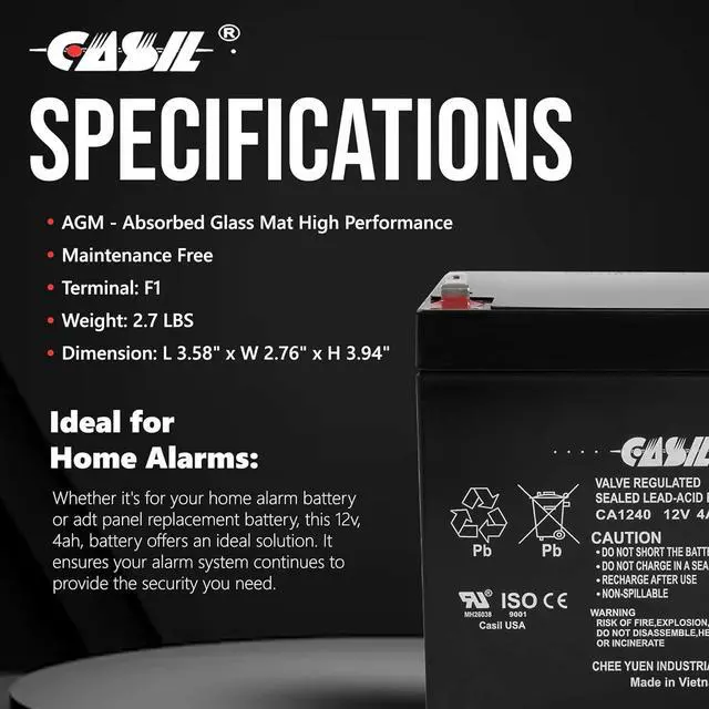 Alt view image 7 of 7 - Casil CA1240 12v 4ah Battery for Alarm System Battery mh26038