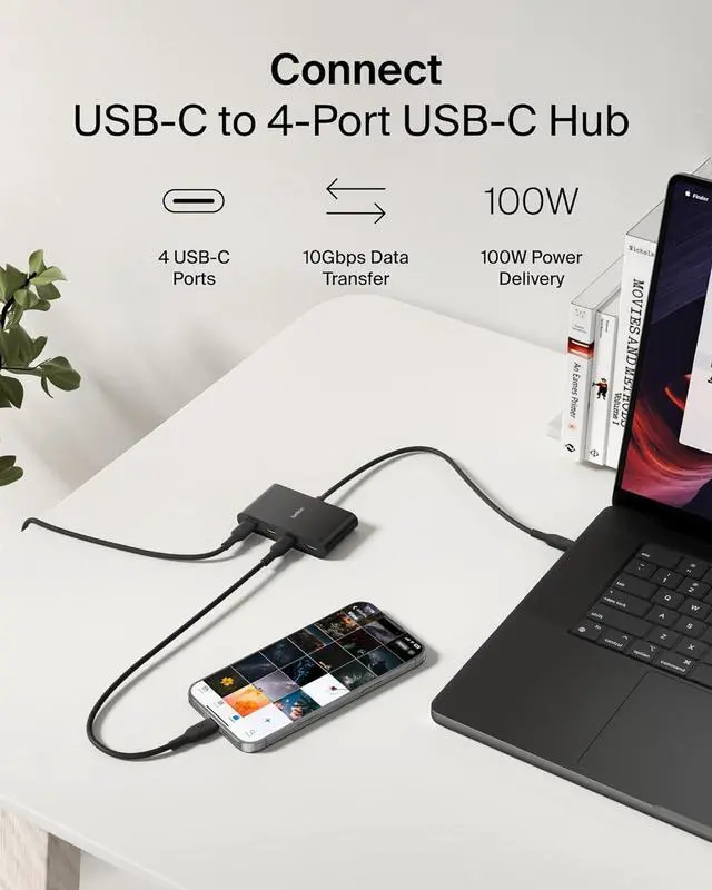 Alt view image 2 of 7 - Connect 4 Port USB C Hub - Multiport Adapter Dongle with 4 USB C 3.2 Gen 2 Ports - High Speed 10G Data Transfer for Laptop MacBook iPad PC and More - 100W PD