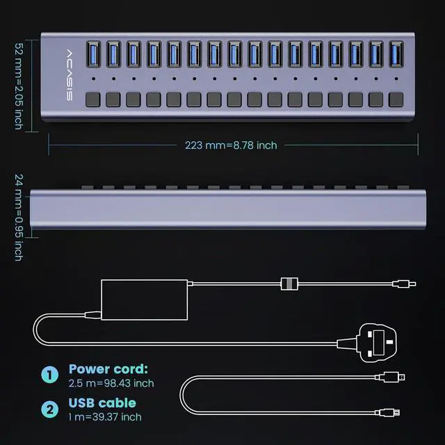 Alt view image 6 of 7 - 90W Powered USB Hub - ACASIS 16 Ports USB 3.0 Data Port, Aluminum Housing, Individual On/Off Switches, 12V/7.5A Power Adapter, USB Splitter for Laptop, PC, Computer, Printer