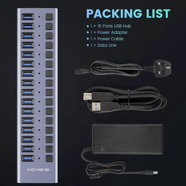Alt view image 7 of 7 - 90W Powered USB Hub - ACASIS 16 Ports USB 3.0 Data Port, Aluminum Housing, Individual On/Off Switches, 12V/7.5A Power Adapter, USB Splitter for Laptop, PC, Computer, Printer