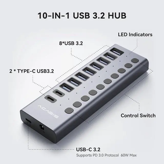 Alt view image 2 of 7 - ACASIS 10 Ports 60W USB C 3.2 Hub, 10Gpbs Data Transfer, 20V/3A Power Adapter, Individual On/Off Switches, Aluminum Housing, USB Splitter for PC, Computer, Laptop, Mobile HDD, Flash Drive