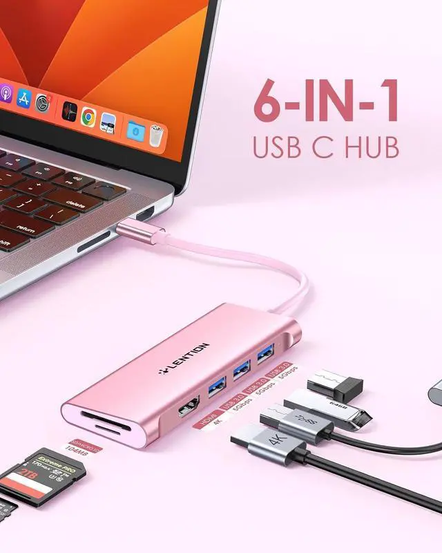 Alt view image 2 of 7 - LENTION USB C Hub with 4K HDMI, 3 USB 3.0, SD 3.0 Card Reader, USBC Hub Multiport Adapter for 2023-2016 MacBook Pro, New Mac Air/iPad Pro/Surface, More, Stable Driver Certified (CB-C34, Rose Gold)