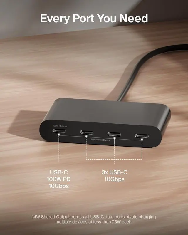 Alt view image 3 of 7 - Connect 4 Port USB C Hub - Multiport Adapter Dongle with 4 USB C 3.2 Gen 2 Ports - High Speed 10G Data Transfer for Laptop MacBook iPad PC and More - 100W PD