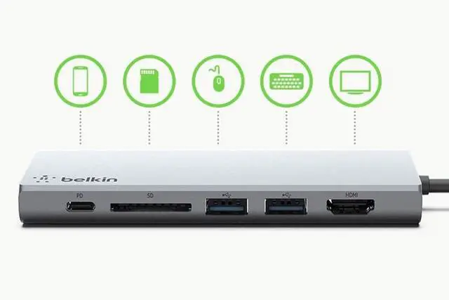 Alt view image 5 of 7 - Belkin USB-C Hub with Tethered USB-C Cable (USB-C Dock for MacOS and Windows USB-C Laptops)