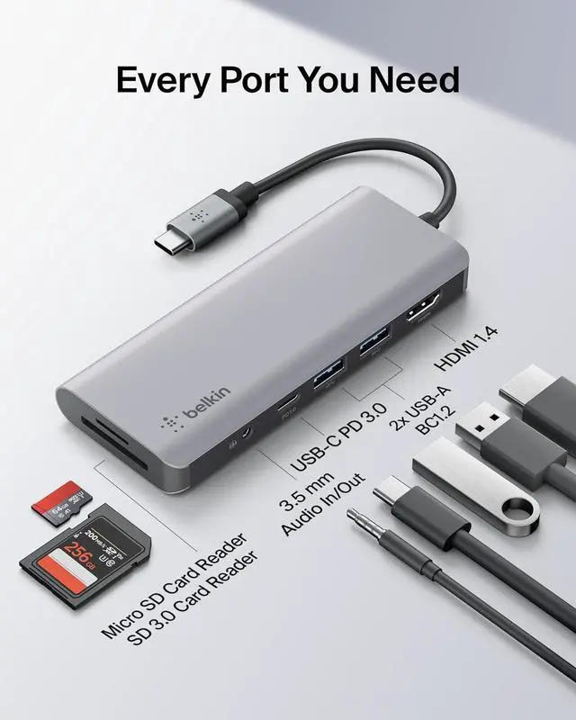 Alt view image 3 of 7 - Belkin USB C Hub, 7-in-1 MultiPort Adapter Dock with 4K HDMI 1.4, USB-C PD 3.0, 2x USB-A 3.0 BC1.2, SD 3.0 card reader, Micro SD 3.0, 3.5 mm audio in/out for MacBook Pro,Air, iPad Pro, XPSand More