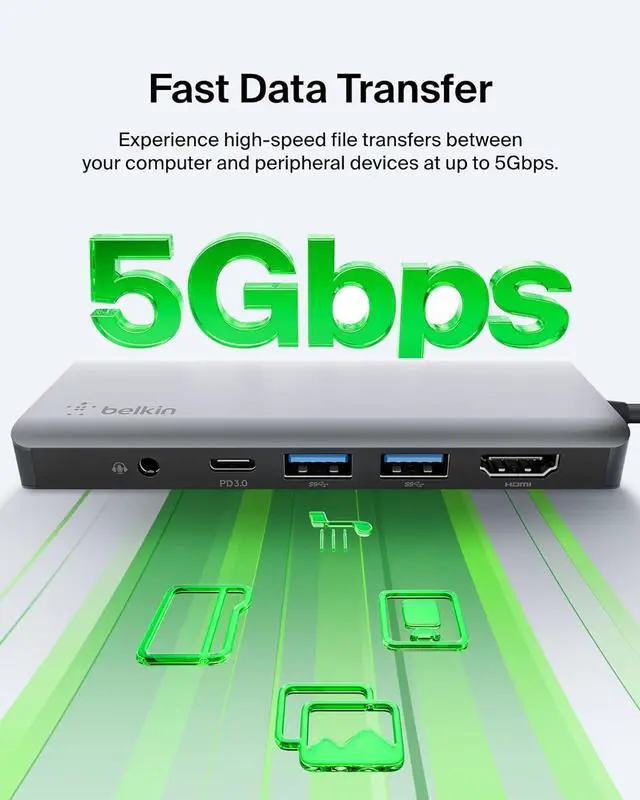 Alt view image 5 of 7 - Belkin USB C Hub, 7-in-1 MultiPort Adapter Dock with 4K HDMI 1.4, USB-C PD 3.0, 2x USB-A 3.0 BC1.2, SD 3.0 card reader, Micro SD 3.0, 3.5 mm audio in/out for MacBook Pro,Air, iPad Pro, XPSand More