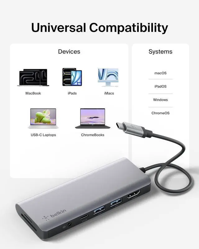 Alt view image 7 of 7 - Belkin USB C Hub, 7-in-1 MultiPort Adapter Dock with 4K HDMI 1.4, USB-C PD 3.0, 2x USB-A 3.0 BC1.2, SD 3.0 card reader, Micro SD 3.0, 3.5 mm audio in/out for MacBook Pro,Air, iPad Pro, XPSand More