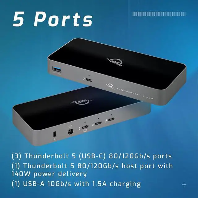 Alt view image 2 of 6 - OWC Thunderbolt 5 Hub, 3 x Thunderbolt 5 Ports, USB-A Port, Up to 80/120Gb/s, Up to 3 8k displays, 140 w Power & Charging, Compatible with Mac & PC, Thunderbolt 5/4/3, USB4 & USB-C