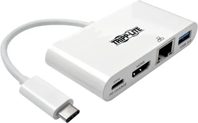 Main image of Tripp Lite USB C to HDMI Multiport Video Adapter Converter 4K w/ USB-A Hub, USB-C PD Charging Port & Gigabit Ethernet Port, Thunderbolt 3 Compatible, USB Type C, USB Type-C (U444-06N-H4GU-C),White