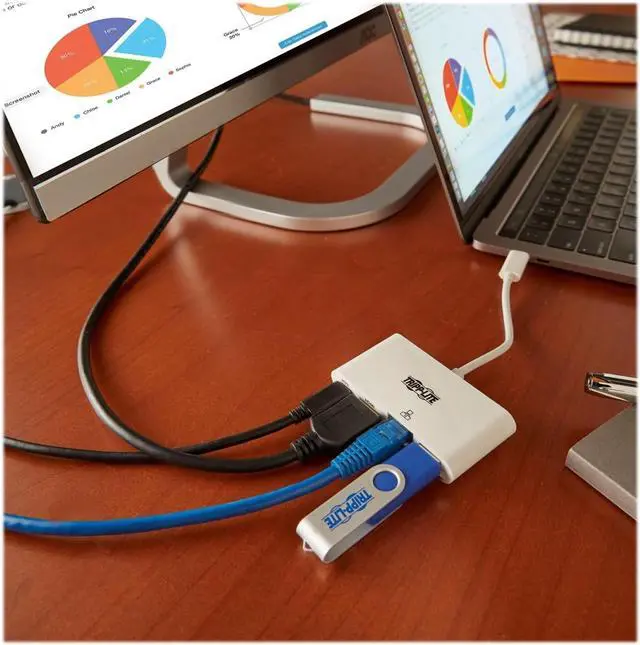 Alt view image 2 of 3 - Tripp Lite USB C to HDMI Multiport Video Adapter Converter 4K w/ USB-A Hub, USB-C PD Charging Port & Gigabit Ethernet Port, Thunderbolt 3 Compatible, USB Type C, USB Type-C (U444-06N-H4GU-C),White