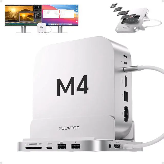Main image of PULWTOP 9 in 1 Mac mini M4 Dock with HDMI 4K & 4TB M.2 SSD Enclosure, Aluminum Vertical USB-C Hub Stand for Mac mini M4 Pro Hub, USB-A/C 10Gbps, 2xUSB-A 2.0, 3.5mm Audio, SD/TF (SSD NOT Included)