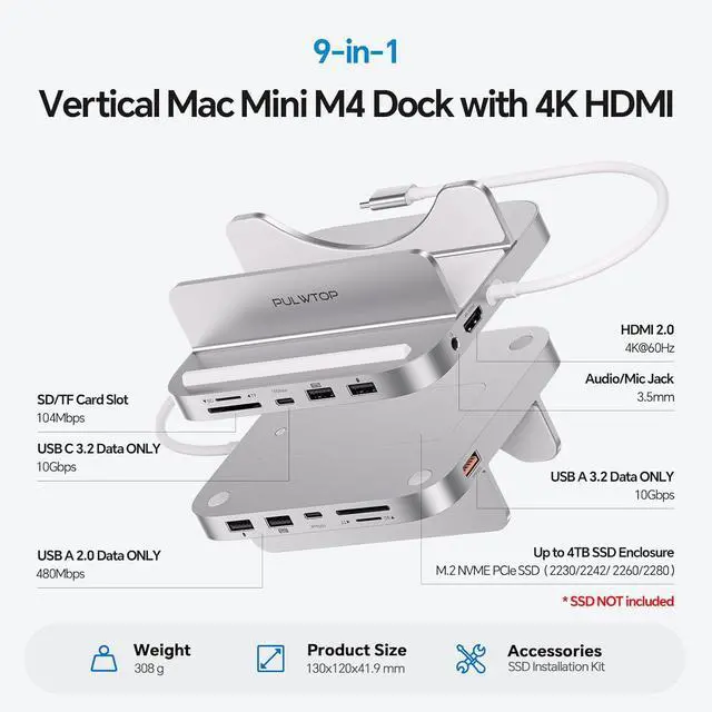 Alt view image 2 of 7 - PULWTOP 9 in 1 Mac mini M4 Dock with HDMI 4K & 4TB M.2 SSD Enclosure, Aluminum Vertical USB-C Hub Stand for Mac mini M4 Pro Hub, USB-A/C 10Gbps, 2xUSB-A 2.0, 3.5mm Audio, SD/TF (SSD NOT Included)