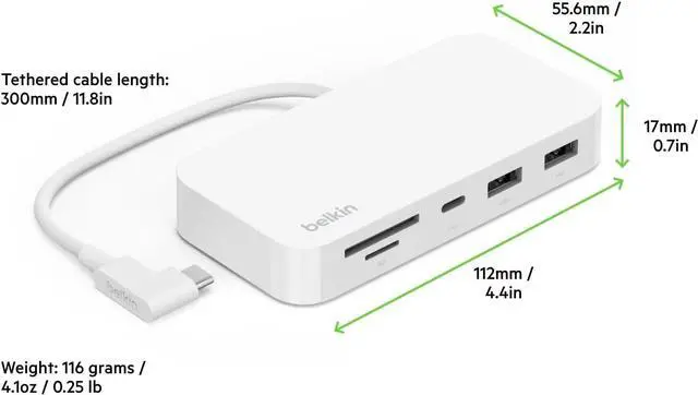 Alt view image 7 of 7 - Belkin USB-C 6-in-1 Multiport Hub with Mount, USB-C Docking Station with MicroSD Card Reader, Powered USB Hub, Compatible with MacBook, Chromebook, iMac, PC, and Other USB-C Devices - White