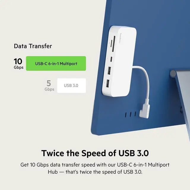 Alt view image 5 of 7 - Belkin USB-C 6-in-1 Multiport Hub with Mount, USB-C Docking Station with MicroSD Card Reader, Powered USB Hub, Compatible with MacBook, Chromebook, iMac, PC, and Other USB-C Devices - White
