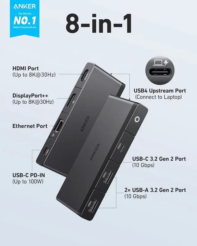 Alt view image 2 of 6 - Anker USB C Hub, 556 USB-C Hub (USB4, 8-in-1) with 1.6ft USB4 Cable, 10 Gbps USB-C and USB-A Data Ports, 8K HDMI and DisplayPort, for Microsoft Surface Pro 8, HP EliteBook 850 G8, and More (Black)