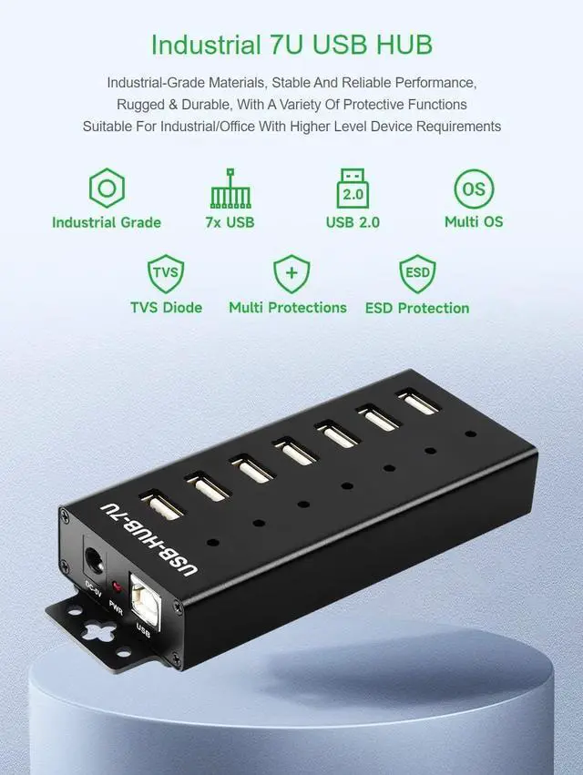 Alt view image 3 of 7 - Waveshare Industrial Grade USB HUB Extending 7X USB 2.0 Ports Industrial-Grade Materials Stable and Reliable Performance Rugged & Durable with A Variety of Protective Functions
