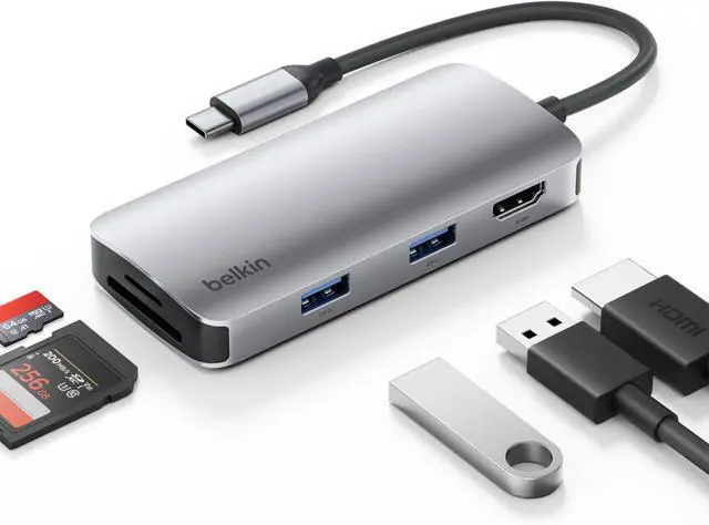 Main image of Belkin USB-C Hub, 5-in-1 Multiport Adapter - USB-C Docking Station with 4K HDMI, 2 x USB-A Ports, SD Card Slot, & MicroSD Card Slot for MacBook Pro, Air, iPad Pro, XPS, and More
