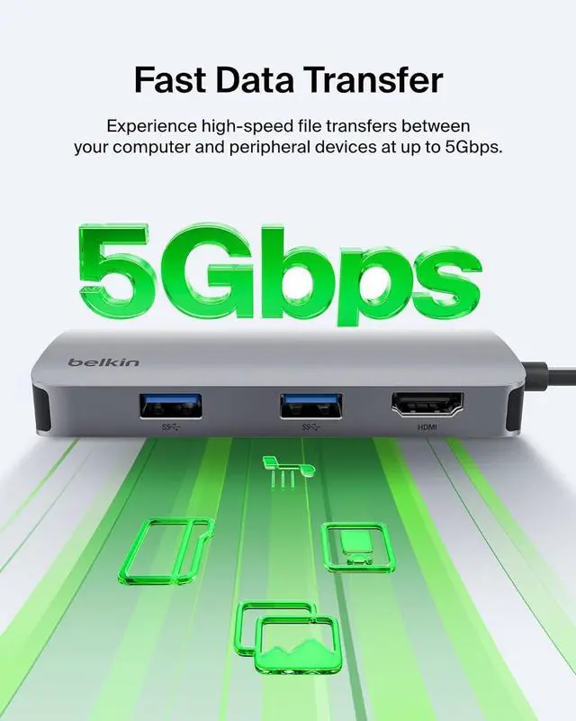 Alt view image 4 of 7 - Belkin USB-C Hub, 5-in-1 Multiport Adapter - USB-C Docking Station with 4K HDMI, 2 x USB-A Ports, SD Card Slot, & MicroSD Card Slot for MacBook Pro, Air, iPad Pro, XPS, and More