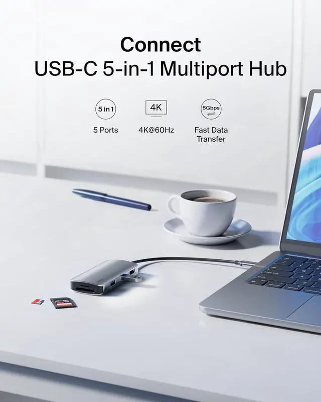 Alt view image 2 of 7 - Belkin USB-C Hub, 5-in-1 Multiport Adapter - USB-C Docking Station with 4K HDMI, 2 x USB-A Ports, SD Card Slot, & MicroSD Card Slot for MacBook Pro, Air, iPad Pro, XPS, and More