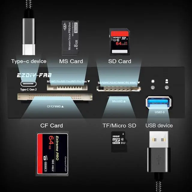 Alt view image 4 of 6 - EZDIY-FAB PC Front Panel Internal Card Reader USB Hub With 3.1 Gen2 Type-C Port, 3.0 Support for SD MS XD CF TF Cards - Fits 3.5" Computer Case Front Bay
