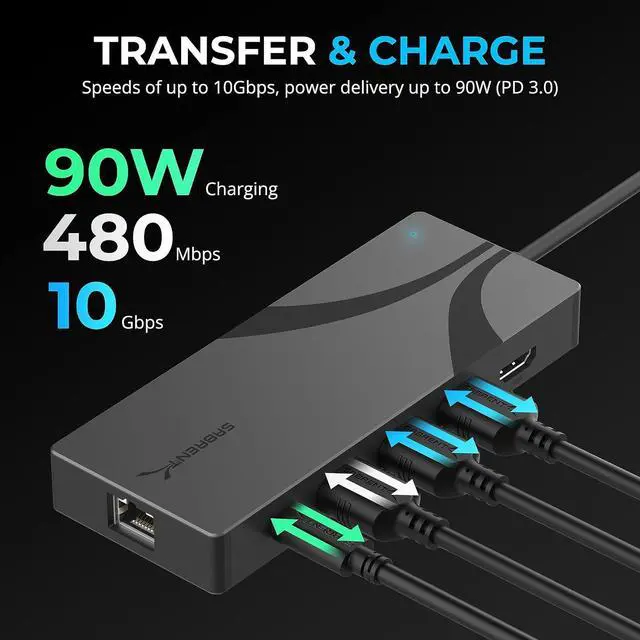 Alt view image 3 of 7 - SABRENT USB-C Hub, 6-Port Dock with M.2 SSD Slot, 90W PD3.0, 1 USB 2.0 & 2 USB 3.2 Type-A Ports, HDMI 2.0 4K 60Hz, RJ45 1GbE Port (HB-6PNV)