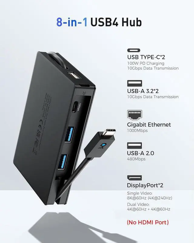 Alt view image 3 of 7 - Cable Matters 8-in-1 Portable 40Gbps USB4 Hub (USB 4 Dock) Dual DisplayPort 4K@60Hz, Single DP 4K@240Hz/8K@60Hz, 100W PD, Gigabit Ethernet, Limited macOS Display Support, Thunderbolt 4 Compatible