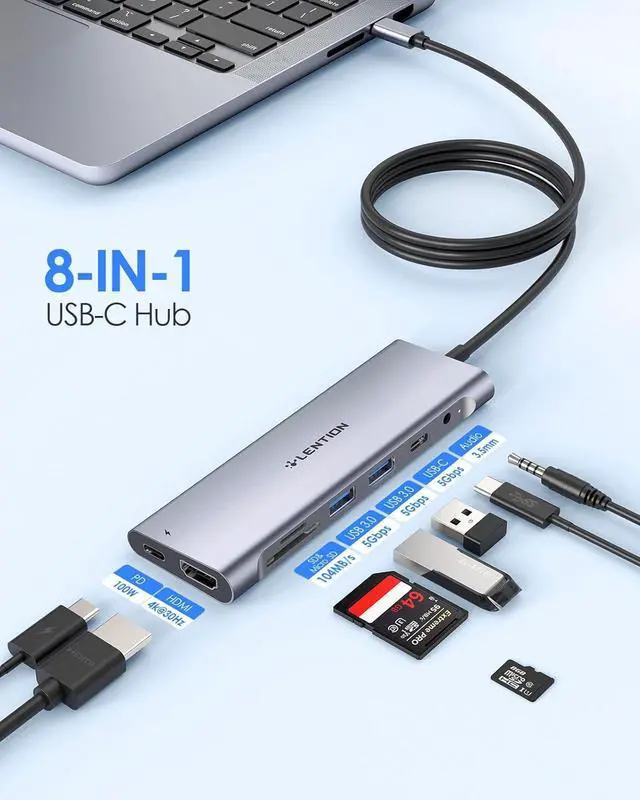 Alt view image 2 of 7 - LENTION 3.3FT Long Cable USB C Hub with 4K HDMI, 2 USB 3.0, Card Reader, Aux, Type C Data/Charging Compatible 2024-2016 MacBook Pro, Mac Air/Surface, More, Stable Driver Adapter (CB-C37, Space Gray)