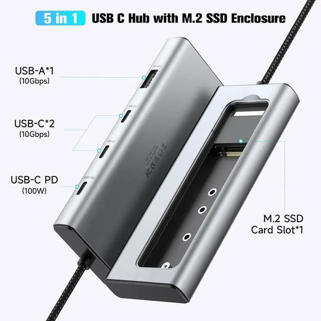 Alt view image 2 of 7 - RSHTECH 5-in-1 USB C Hub with M.2 NVMe/SATA SSD Enclosure, 10Gbps USB-A & 2 USB-C Ports and 100W Power Delivery, Aluminum USB C Dock Dongle for MacBook, Laptops and More