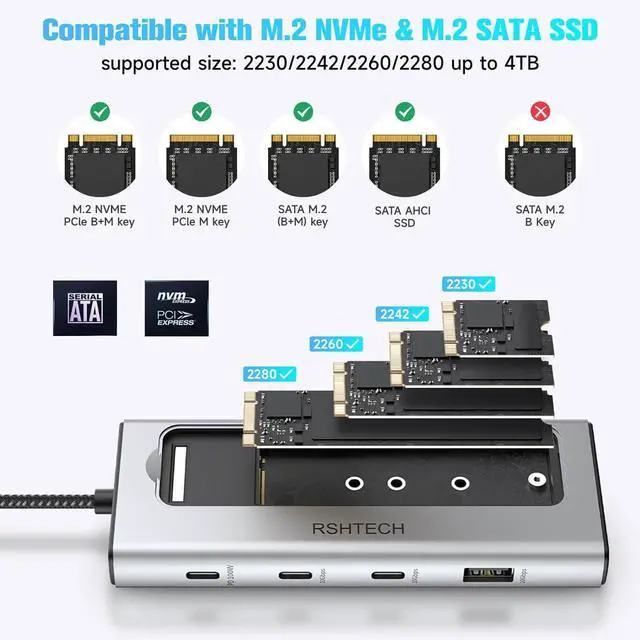 Alt view image 5 of 7 - RSHTECH 5-in-1 USB C Hub with M.2 NVMe/SATA SSD Enclosure, 10Gbps USB-A & 2 USB-C Ports and 100W Power Delivery, Aluminum USB C Dock Dongle for MacBook, Laptops and More