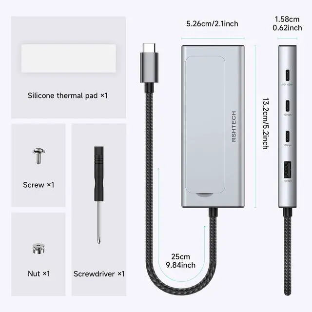 Alt view image 7 of 7 - RSHTECH 5-in-1 USB C Hub with M.2 NVMe/SATA SSD Enclosure, 10Gbps USB-A & 2 USB-C Ports and 100W Power Delivery, Aluminum USB C Dock Dongle for MacBook, Laptops and More