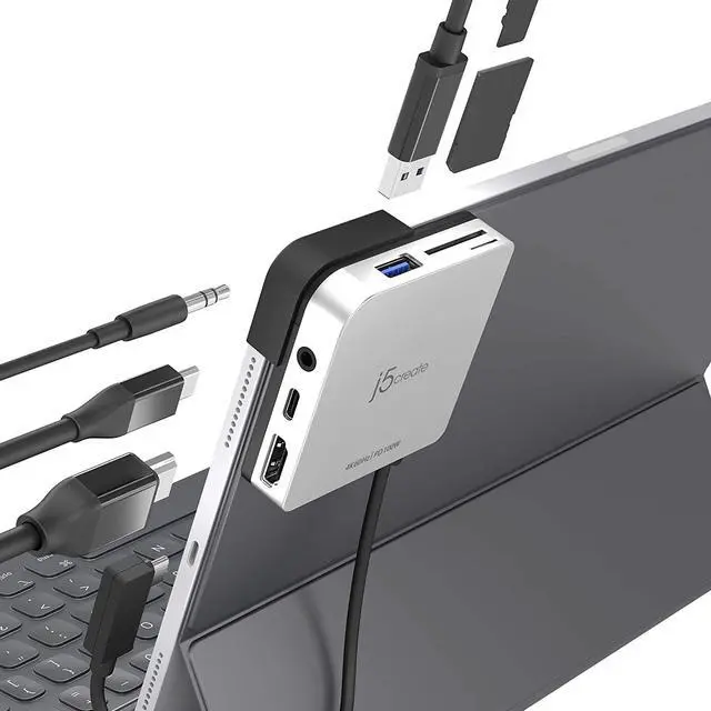 Main image of j5create iPad Pro USB C Hub- 6-in-1 Travel Dock for iPad Pro 12.9/11, with 4K@60Hz HDMI, USB C PD Charging 100W & Data, USB A 3.1, SD and microSD Card Reader, 3.5mm Headphone Jack (JCD612)