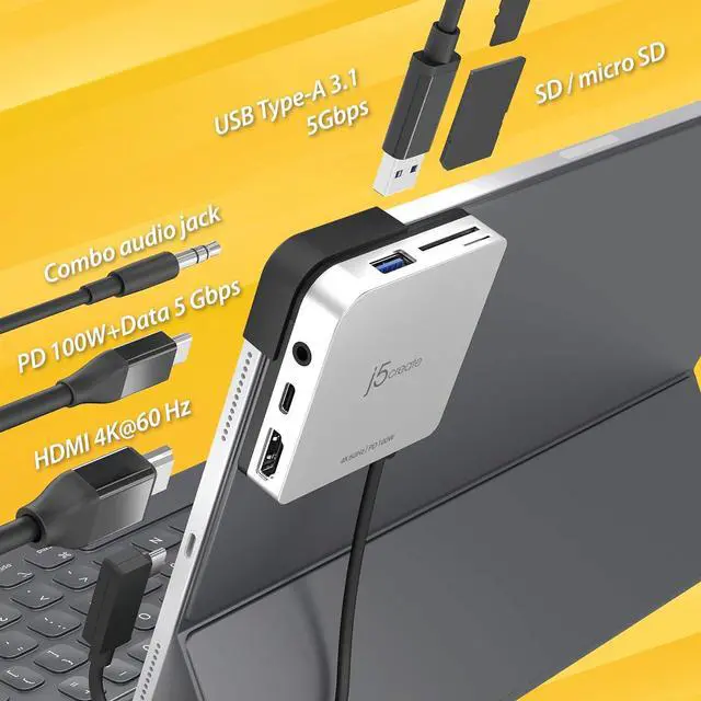 Alt view image 2 of 7 - j5create iPad Pro USB C Hub- 6-in-1 Travel Dock for iPad Pro 12.9/11, with 4K@60Hz HDMI, USB C PD Charging 100W & Data, USB A 3.1, SD and microSD Card Reader, 3.5mm Headphone Jack (JCD612)