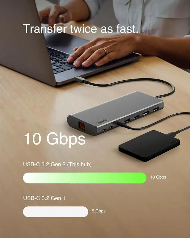 Alt view image 4 of 6 - Belkin Connect Universal USB-C 8-in-1 Dual Display Core Hub w/Silicon Motion Technology - Compatible with Mac, Windows, and Chromebook - 100W PD w/ 10Gbps Transfer Speeds & 1GbE Ethernet - Silver
