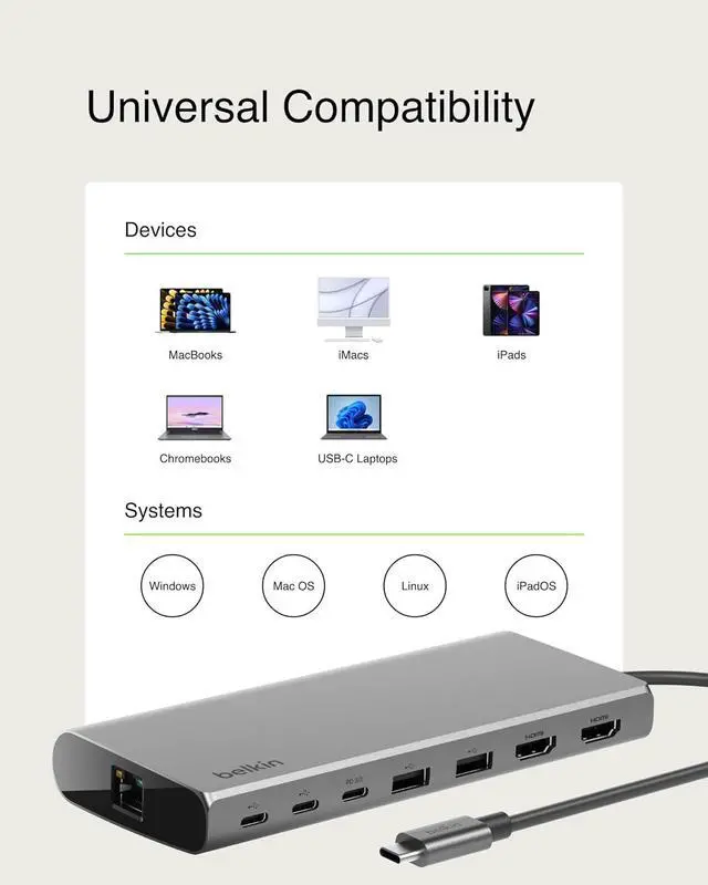 Alt view image 6 of 6 - Belkin Connect Universal USB-C 8-in-1 Dual Display Core Hub w/Silicon Motion Technology - Compatible with Mac, Windows, and Chromebook - 100W PD w/ 10Gbps Transfer Speeds & 1GbE Ethernet - Silver