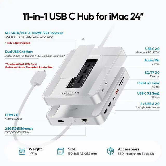 Alt view image 2 of 7 - Upgraded 11 in 1 USB C Hub for iMac 24 inch USB Hub 2021 2023 2024 Support M.2 SSD (NOT Included) iMac Hub M1 M3 M4 Accessories 4K HDMI 2.5G Ethernet 5 USB A/C Max 10Gbps SD/TF - Silver