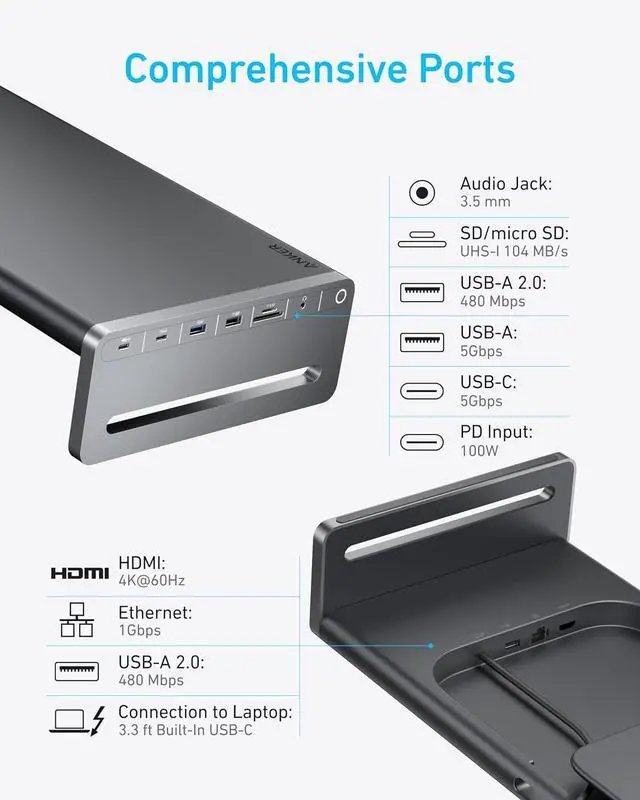 Alt view image 3 of 6 - Anker USB C Hub, 10-in-1 Aluminum Monitor Stand with 100W PD, 5Gbps USB Ports, 4K@60Hz HDMI Display, Built-in 3.3 ft Cable, Clutter-Free Desk for MacBook, Dell, and Full-Function USBC Devices