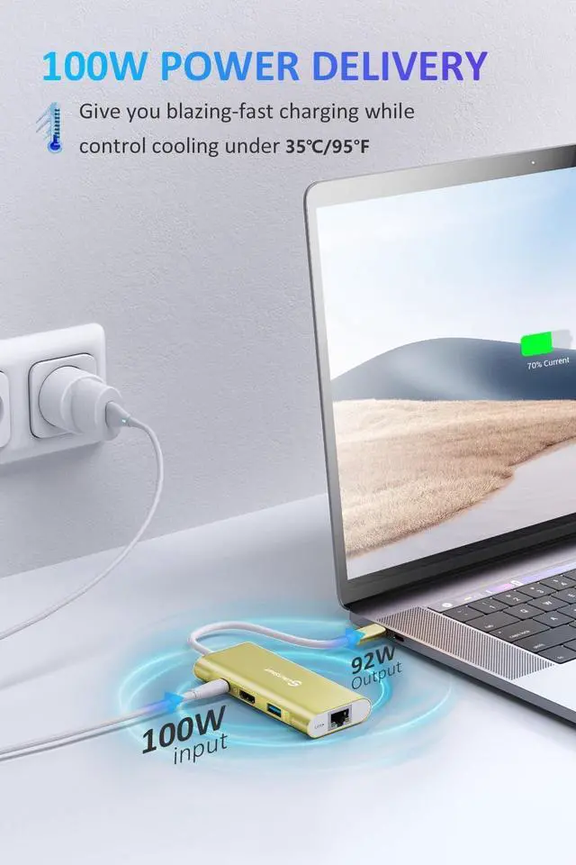 Alt view image 6 of 6 - UtechSmart USB C Hub, USB C Ethernet Multiport Adapter, 6 in 1 USB C to HDMI Dock Compatible for MacBook Pro/Air, Chromebook, Dell XPS, HP (Gigabit Ethernet 100W PD 4K HDMI USB 3.0)(Gold), UCN3273