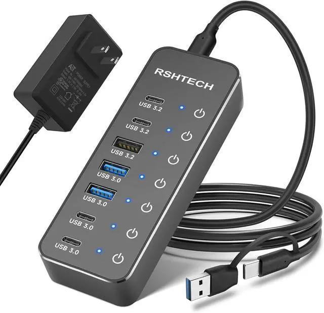 Main image of RSHTECH - 7-Port USB 3.2/USB-C Hub Splitter with 3 x USB 3.2 10Gbps (2C + 1A), 4 USB 3.0 Ports (2C + 2A), 3.2 Foot Cable, Touch Switch and Power Adapter