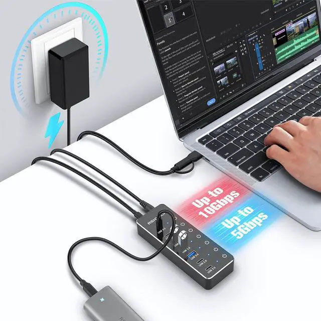 Alt view image 2 of 7 - RSHTECH - 7-Port USB 3.2/USB-C Hub Splitter with 3 x USB 3.2 10Gbps (2C + 1A), 4 USB 3.0 Ports (2C + 2A), 3.2 Foot Cable, Touch Switch and Power Adapter