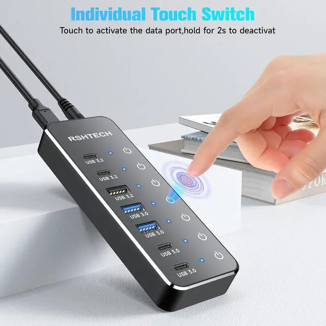 Alt view image 6 of 7 - RSHTECH - 7-Port USB 3.2/USB-C Hub Splitter with 3 x USB 3.2 10Gbps (2C + 1A), 4 USB 3.0 Ports (2C + 2A), 3.2 Foot Cable, Touch Switch and Power Adapter