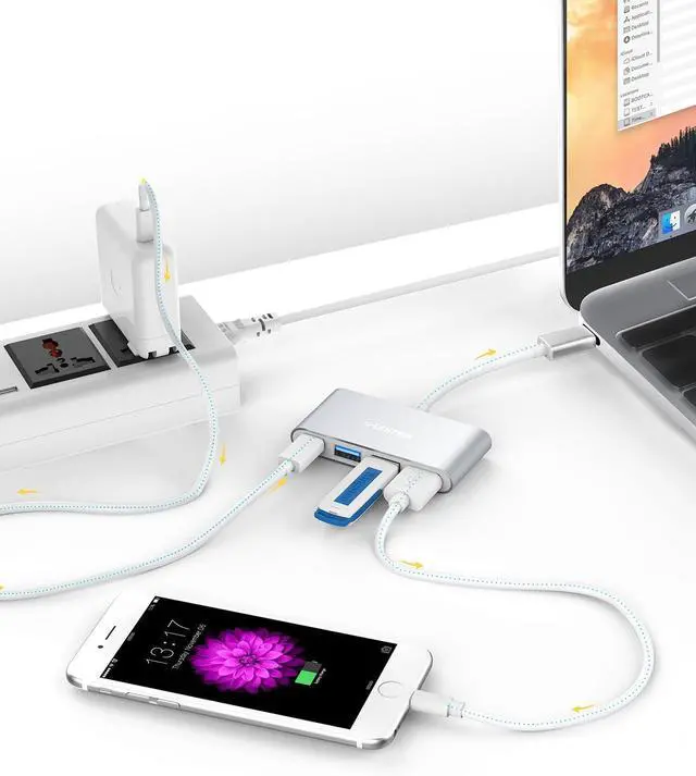 Alt view image 3 of 6 - LENTION 4-in-1 USB-C Hub with Type C, USB 3.0, USB 2.0 Compatible 2023-2016 MacBook Pro 13/14/15/16, New Mac Air/Surface, ChromeBook, More, Multiport Charging & Connecting Adapter (CB-C13, Silver)