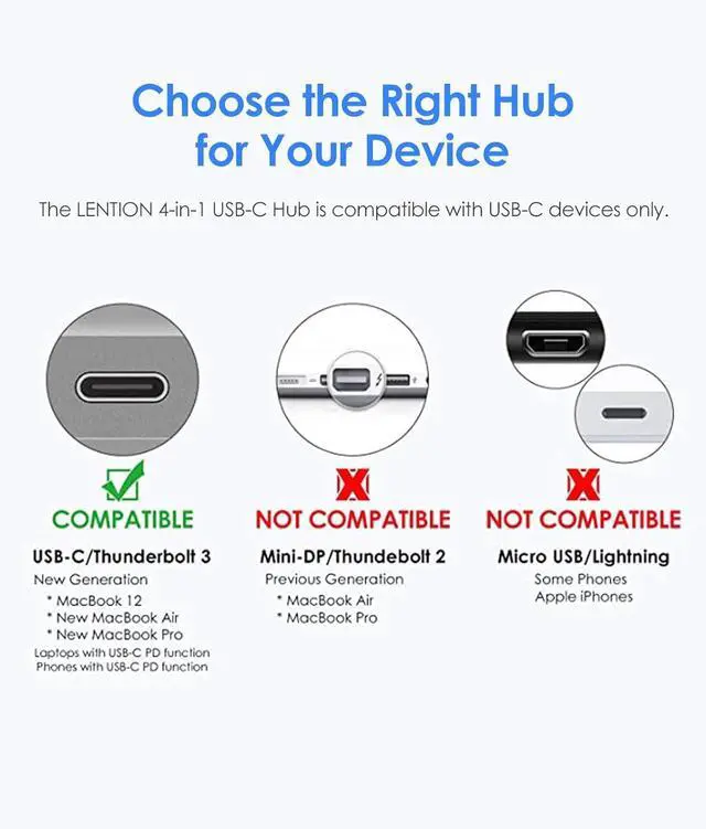 Alt view image 4 of 6 - LENTION 4-in-1 USB-C Hub with Type C, USB 3.0, USB 2.0 Compatible 2023-2016 MacBook Pro 13/14/15/16, New Mac Air/Surface, ChromeBook, More, Multiport Charging & Connecting Adapter (CB-C13, Silver)