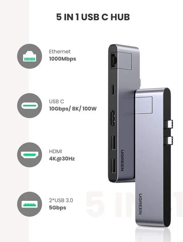Alt view image 2 of 7 - UGREEN USB-C Hub 5 in 1 4K@30Hz HDMI, 2 USB-A, 100W PD, RJ45 1 Gigabit for MacBook Pro and MacBook Air