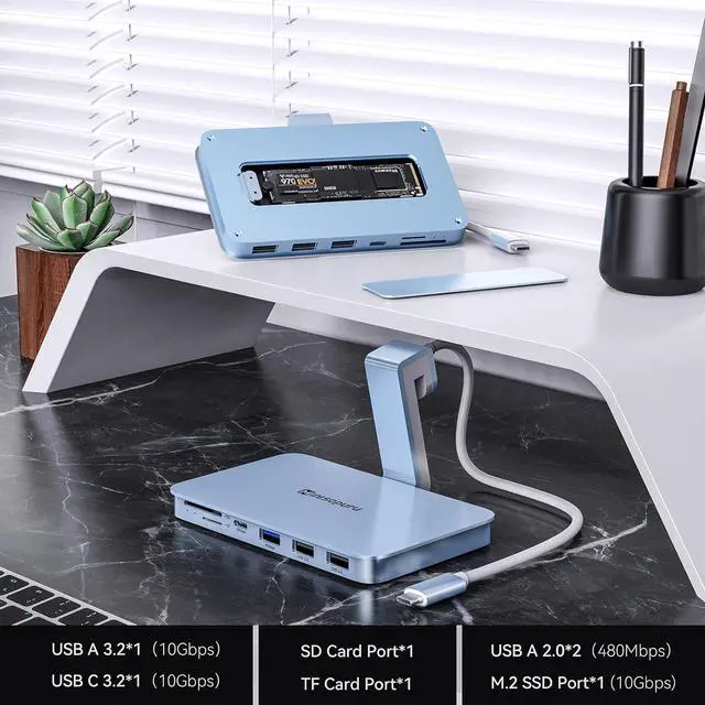 Alt view image 2 of 7 - Minisopuru USB C Hub for iMac, Supports 10Gbps NVMe SSD, USB A/C 10Gbps, SD/TF, Adapter for iMac 24 M1/M3/M4 & Studio Display 27 inch, Blue