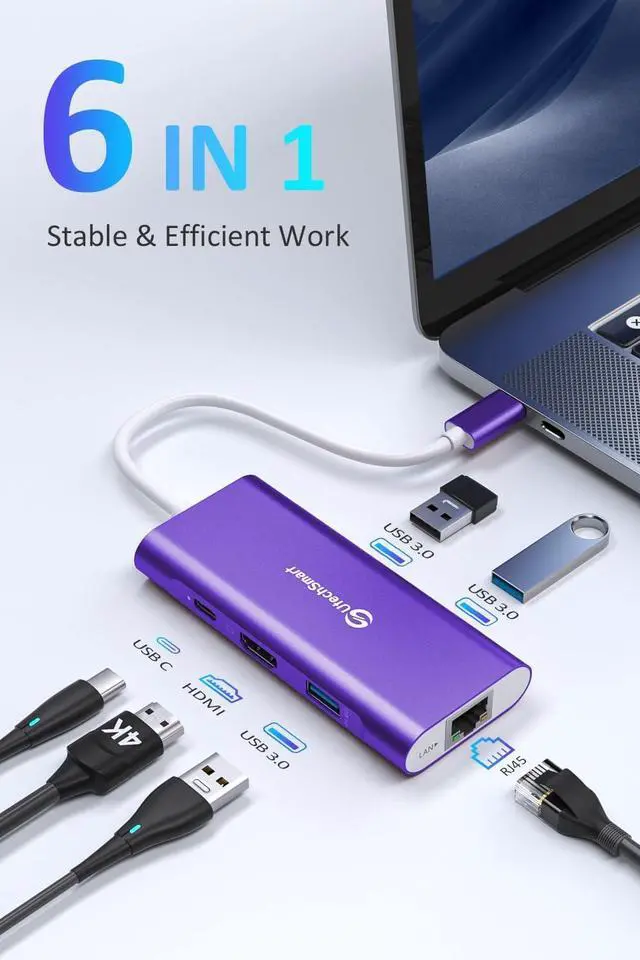 Alt view image 2 of 6 - UtechSmart USB C Hub, Ethernet Multiport Adapter 6 in 1 USB C to HDMI Dock Compatible for MacBook Pro/Air, Chromebook, Dell XPS, HP and Type C Devices Dark Purple